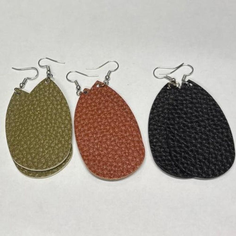 Fall Autumn Faux Leather Teardrop Dangle Earrings Set Olive Rust Black 3pk